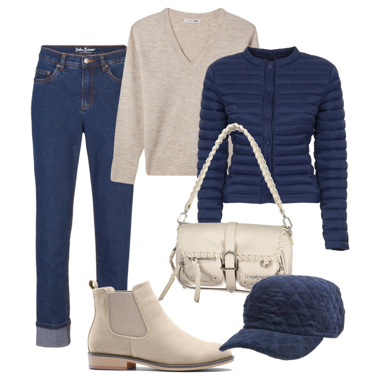 Outfit donna - Basica con i boyfriend cropped. Stile Basic per Tutti i giorni. Abbinamento con stivaletti chelsea, jeans boyfriend, maglieria, piumini, cappelli con visiera, borse a spalla.