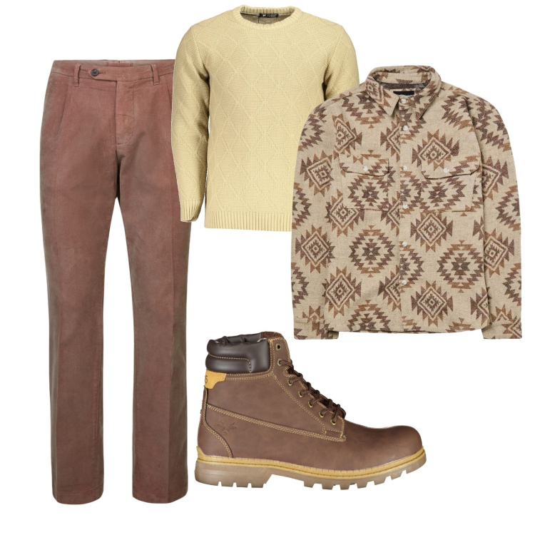 Outfit uomo - Crema. Stile Casual per Tutti i giorni. Abbinamento con cappotti, pantaloni, maglieria, stivali.