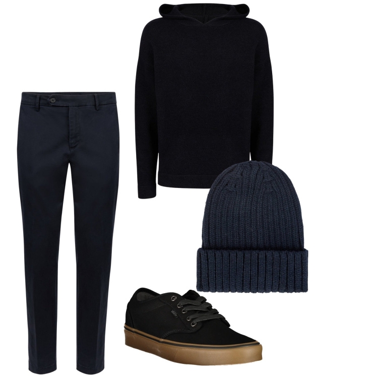 Outfit uomo - Total look. Stile Urban per Serata speciale. Abbinamento con maglieria, sneakers, berretti, pantaloni chino.