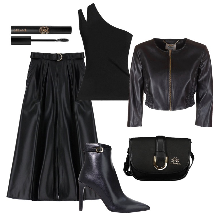 Outfit donna - Serata sexy rock. Stile Sexy per Serata fuori. Abbinamento con top, mascara, blazer, gonne lunghe, stivaletti, borse a tracolla.