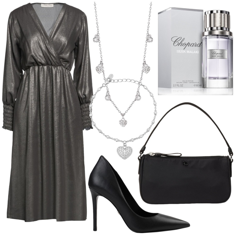 Outfit donna - Total look #2011729. Stile Glamour per Serata fuori. Abbinamento con vestiti midi/longuette, décolleté, profumi, collane, braccialetti, pochette.