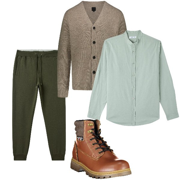 Outfit uomo - In città. Stile Urban per Tutti i giorni. Abbinamento con camicie, pantaloni, cardigans, stivali.