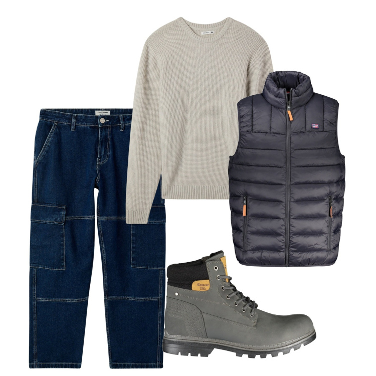 Outfit uomo - I cargo in denim. Stile Casual per Tutti i giorni. Abbinamento con jeans, maglieria, giacche, stivali.