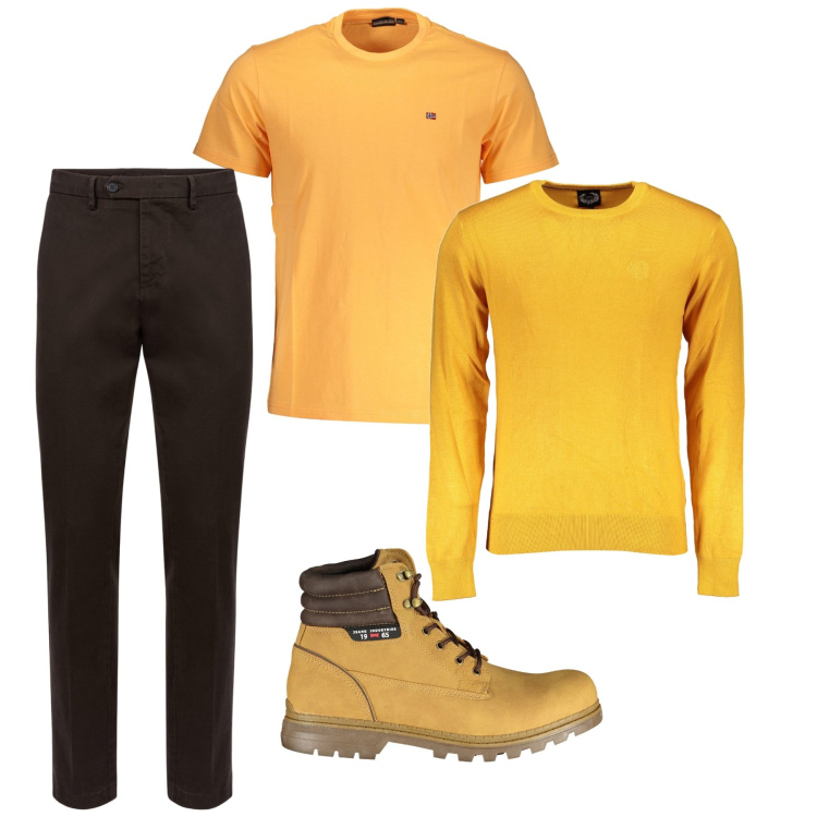 Outfit uomo - Solare. Stile Casual per Tutti i giorni. Abbinamento con pantaloni chino, maglieria, t-shirt, stivali.