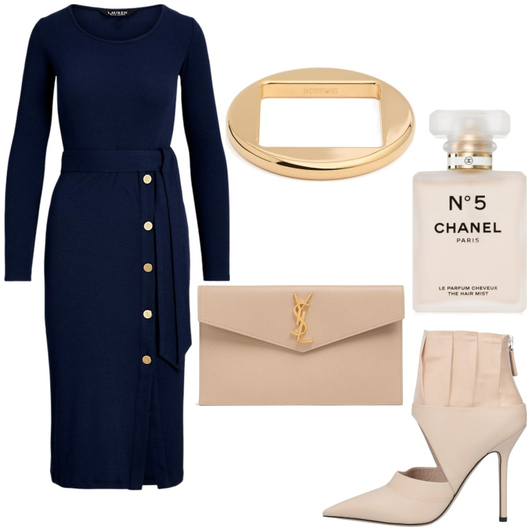 Outfit donna - Total look #2011739. Stile Chic per Serata fuori. Abbinamento con stivaletti, profumi, vestiti, pochette, braccialetti.