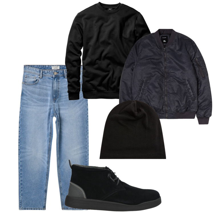Outfit uomo - Black&denim. Stile Casual per Tutti i giorni. Abbinamento con felpe, stivali e stivaletti, jeans, bomber, berretti.