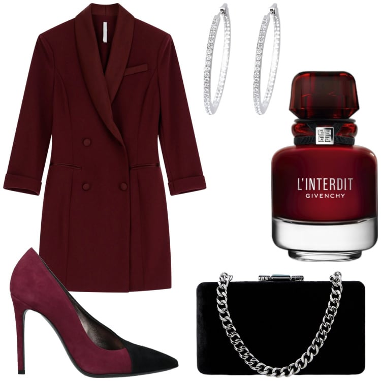 Outfit donna - Total look #2011756. Stile Glamour per Serata fuori. Abbinamento con décolleté, profumi, orecchini, vestiti corti, clutch.