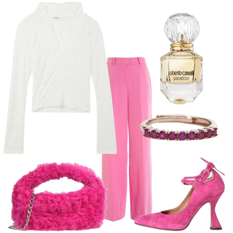 Outfit donna - In pizzo. Stile Chic per Serata fuori. Abbinamento con décolleté, borse a mano, profumi, magliette intime, anelli, pantaloni a palazzo.