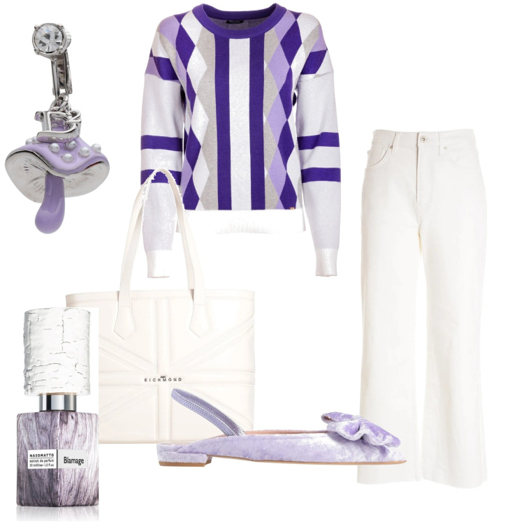 Outfit donna - Lilac White. Stile Casual chic per Tutti i giorni. Abbinamento con orecchini, ballerine, borse a spalla, profumi, pantaloni culotte, maglieria.