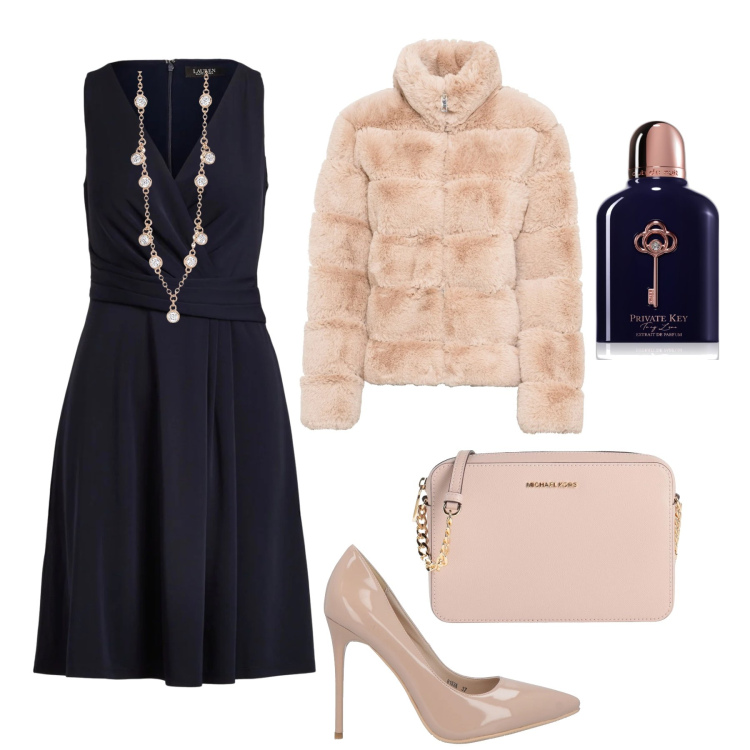 Outfit donna - Una cena verso l’inverno. Stile Bon Ton per Serata fuori. Abbinamento con ecopellicce, vestiti midi/longuette, décolleté, borse a tracolla, profumi, collane.