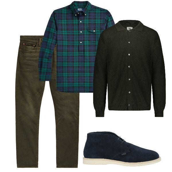 Outfit uomo - Tartan scuro. Stile Casual per Tutti i giorni. Abbinamento con stivali e stivaletti, jeans, camicie, polo.