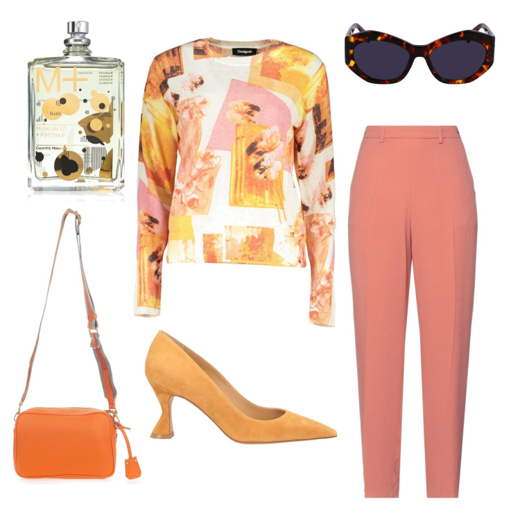 Outfit donna - Vitaminico. Stile Casual chic per Tutti i giorni. Abbinamento con décolleté, pantaloni, profumi, borse a tracolla, occhiali da sole, maglieria.