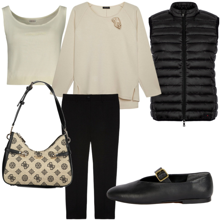 Outfit donna - Total look #2011784. Stile Casual per Tutti i giorni. Abbinamento con piumini, felpe, pantaloni, borse a spalla, top, ballerine.