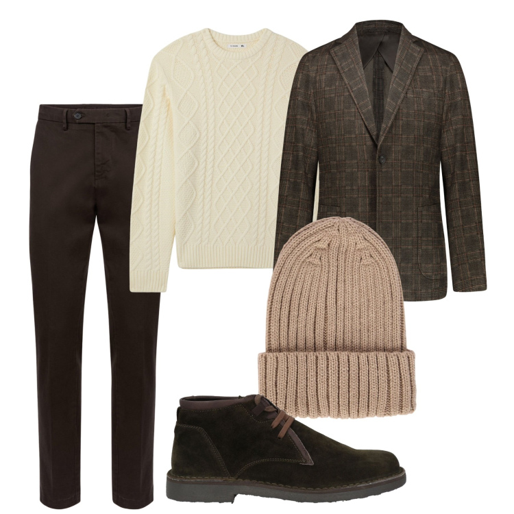 Outfit uomo - Moka e classe. Stile Trendy per Tutti i giorni. Abbinamento con stivali e stivaletti, maglieria, giacche, pantaloni chino, berretti.