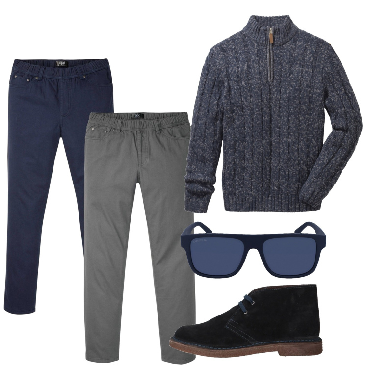 Outfit uomo - A scelta. Stile Casual per Tutti i giorni. Abbinamento con maglieria, pantaloni, stivali e stivaletti, occhiali da sole.