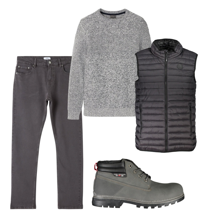 Outfit uomo - Grigio in città. Stile Casual per Tutti i giorni. Abbinamento con maglieria, pantaloni, giacche, stivali.