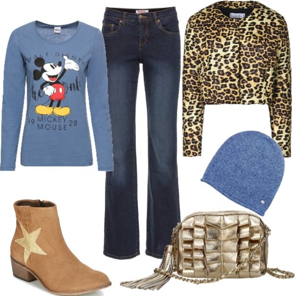 Outfit donna - Una Star per un look trendy. Stile Trendy per Tutti i giorni. Abbinamento con jeans dritti, maglia con stampa a maniche lunghe blu, giubbotto fantasia collo tondo a maniche lunghe interno imbottito in tessuto tecnico monopetto, borsa a tracolla con frange oro, stivaletti beige, cuffia taglia unica blu.
