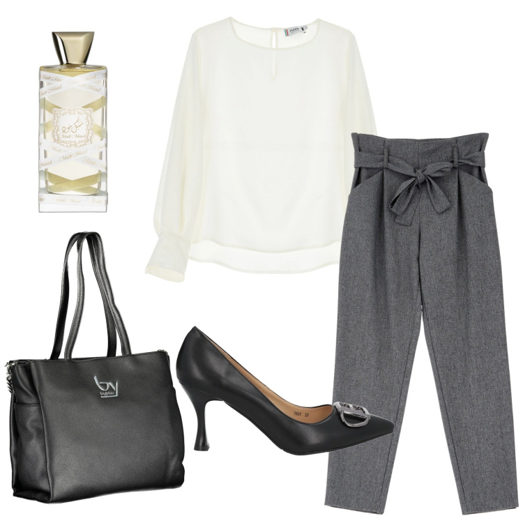 Outfit donna - Casual chic ufficio. Stile Casual chic per Ufficio. Abbinamento con profumi, décolleté, camicie, pantaloni, borse a spalla.