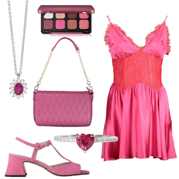 Outfit donna - Party girl. Stile Sexy per Serata fuori. Abbinamento con sandali in pelle, ombretti, anelli, collane, vestiti corti, borse a spalla.
