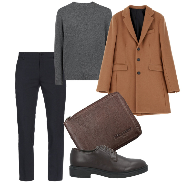 Outfit uomo - Il cappotto svasato. Stile Urban per Ufficio. Abbinamento con pantaloni skinny, scarpe stringate, cappotti, maglieria, portafogli.