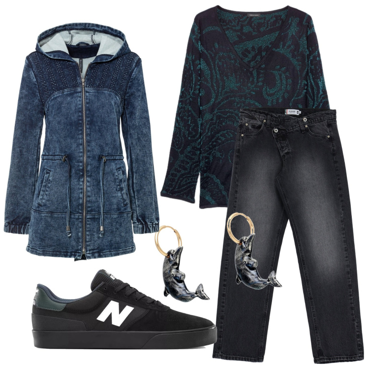 Outfit donna - Dolphin. Stile Casual per Tutti i giorni. Abbinamento con parka, orecchini, sneakers, jeans, maglieria.