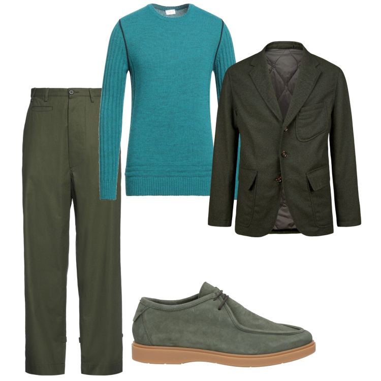 Outfit uomo - Verdi trendy. Stile Trendy per Tutti i giorni. Abbinamento con pantaloni, pullovers, scarpe stringate, giacche.