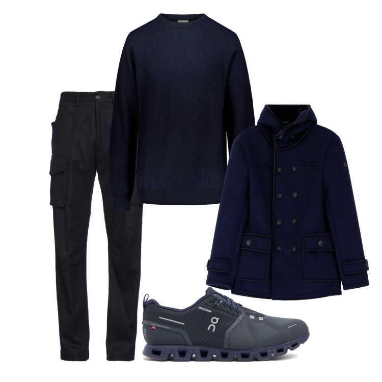 Outfit uomo - Punto blu. Stile Urban per Tutti i giorni. Abbinamento con pantaloni cargo, giacche, maglieria, sneakers.