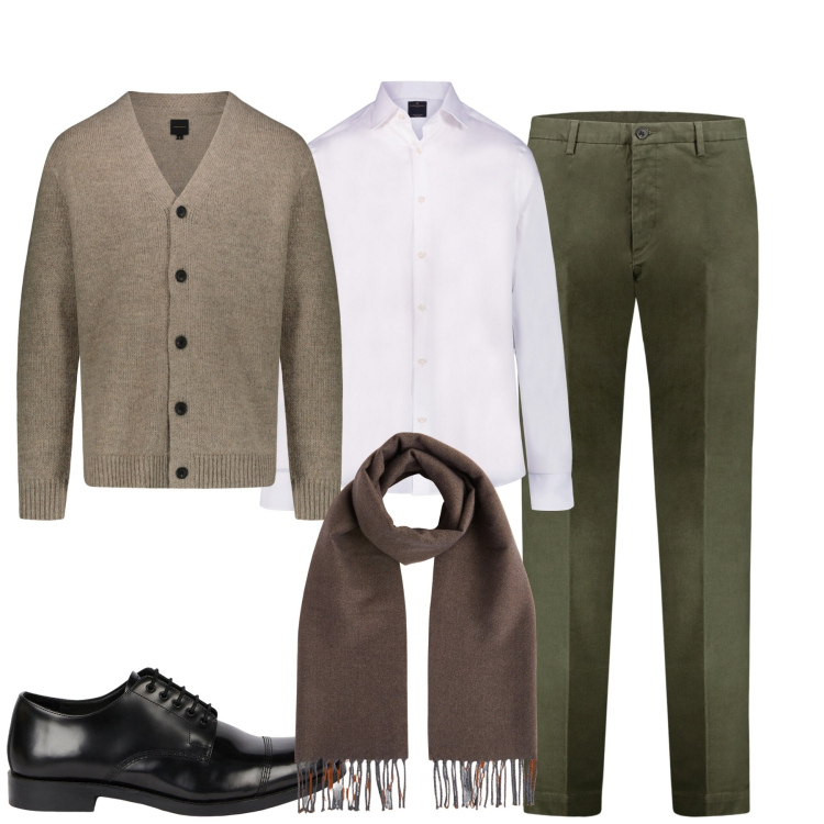 Outfit uomo - Ufficio. Stile Business/Elegante per Ufficio. Abbinamento con camicie, pantaloni, cardigans, sciarpe, scarpe stringate.