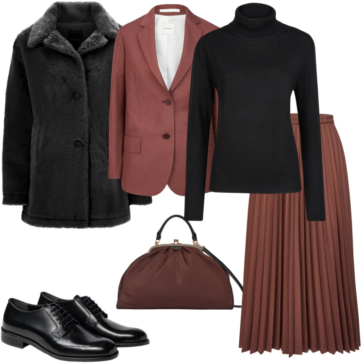 Outfit donna - Cena con le amiche. Stile Casual chic per Serata fuori. Abbinamento con cappotti, minigonne, blazer, maglieria, scarpe stringate, borse a spalla.