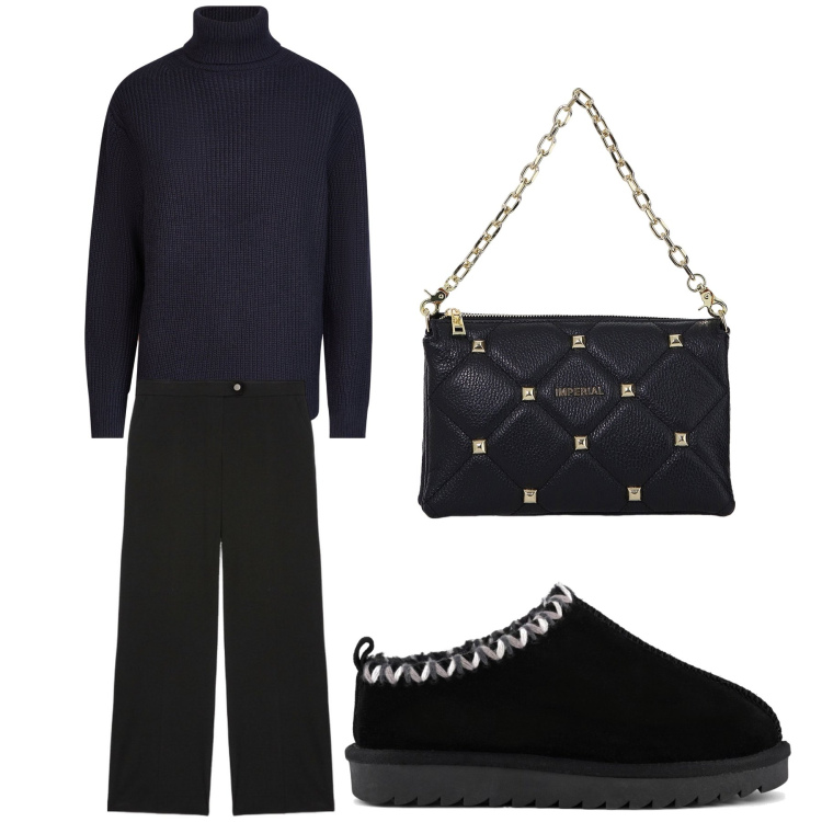 Outfit donna - Aperitivo. Stile Trendy per Tutti i giorni. Abbinamento con borse a spalla, maglieria, sabot, pantaloni a palazzo.