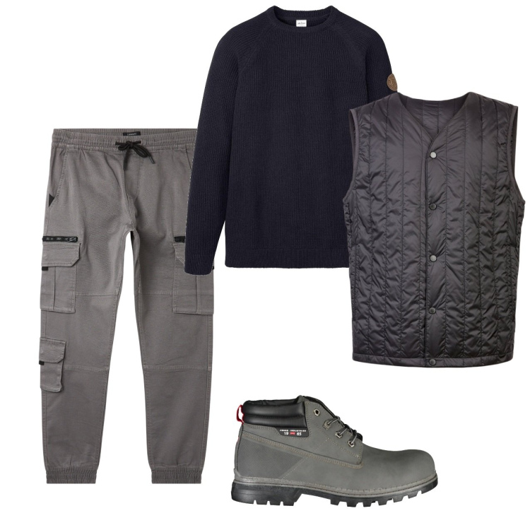 Outfit uomo - Smanicato trapuntato. Stile Urban per Tutti i giorni. Abbinamento con maglieria, pantaloni cargo, piumini, stivali.