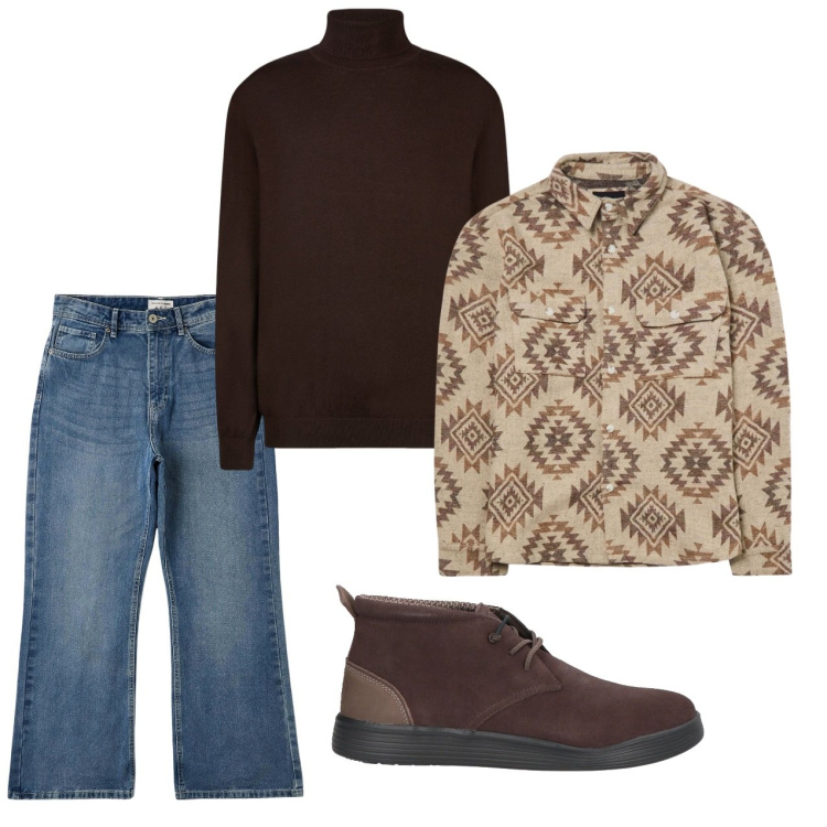Outfit uomo - Il dolcevita moka. Stile Casual per Tutti i giorni. Abbinamento con stivali e stivaletti, cappotti, jeans bootcut, maglieria.