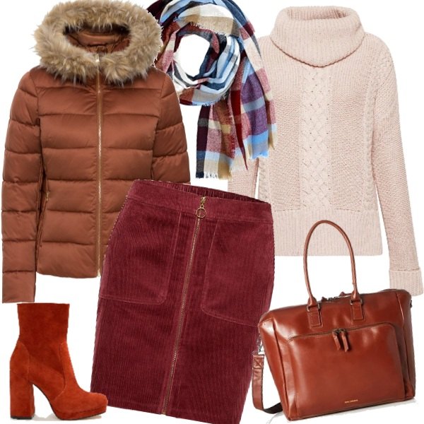 Outfit donna - Gli stivaletti color ruggine. Stile Basic per Scuola/Università. Abbinamento con giacche, gonna rosso e bordeaux, felpa beige e grigio, borsa a tracolla marrone, stivali effetto scamosciato con tacco largo rosso, sciarpa a quadri marrone.