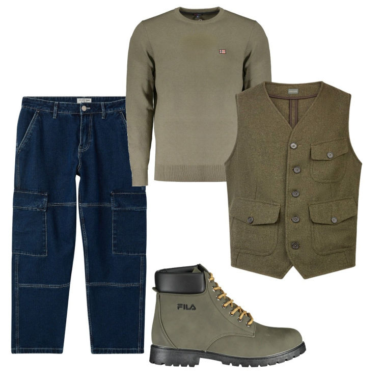 Outfit uomo - Verde con i cargo. Stile Urban per Tutti i giorni. Abbinamento con jeans, maglieria, gilet, stivali.