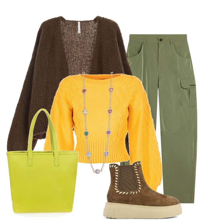 Outfit donna - Piacevole serata. Stile Casual per Serata fuori. Abbinamento con collane, pantaloni cargo, cardigans, maglieria, shopping bag, stivaletti.