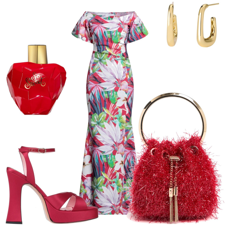 Outfit donna - In fiori estivi. Stile Chic per Tutti i giorni. Abbinamento con vestiti lunghi, sandali col tacco, profumi, orecchini, borse a spalla.