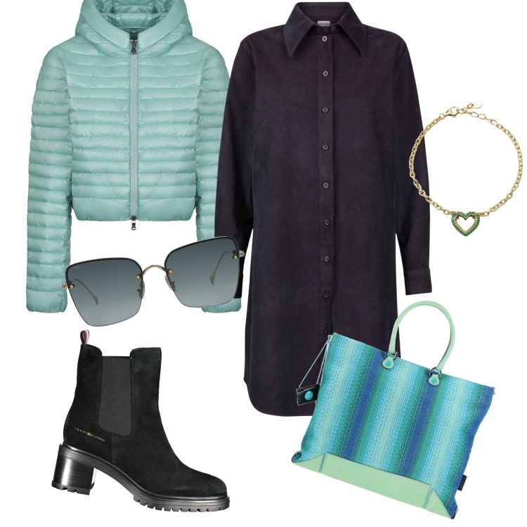 Outfit donna - Sabato pomeriggio. Stile Urban per Tutti i giorni. Abbinamento con borse a mano, occhiali da sole, braccialetti, piumini, vestiti chemisier, stivaletti.