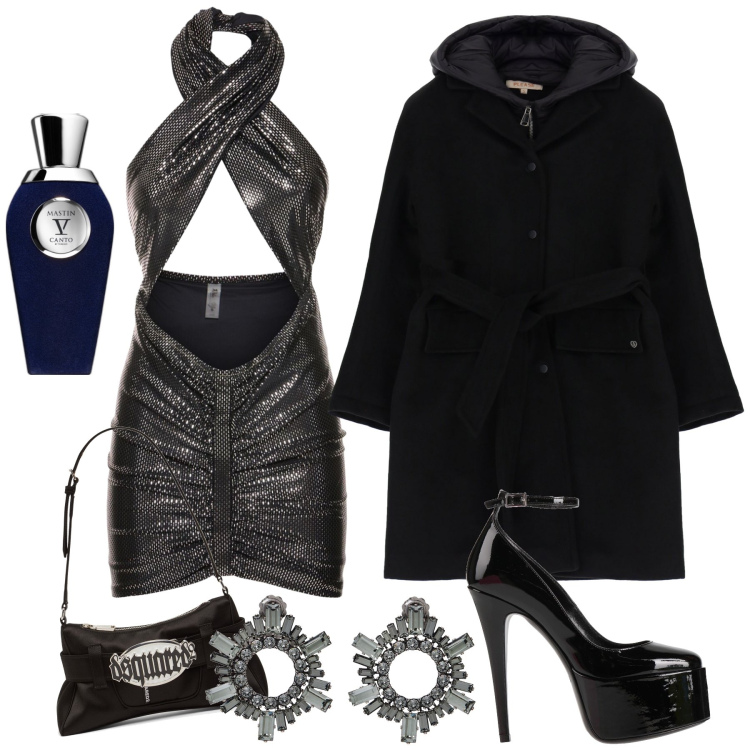 Outfit donna - Che sabato sera. Stile Sexy per Serata fuori. Abbinamento con décolleté, orecchini, profumi, cappotti, pochette, vestiti.