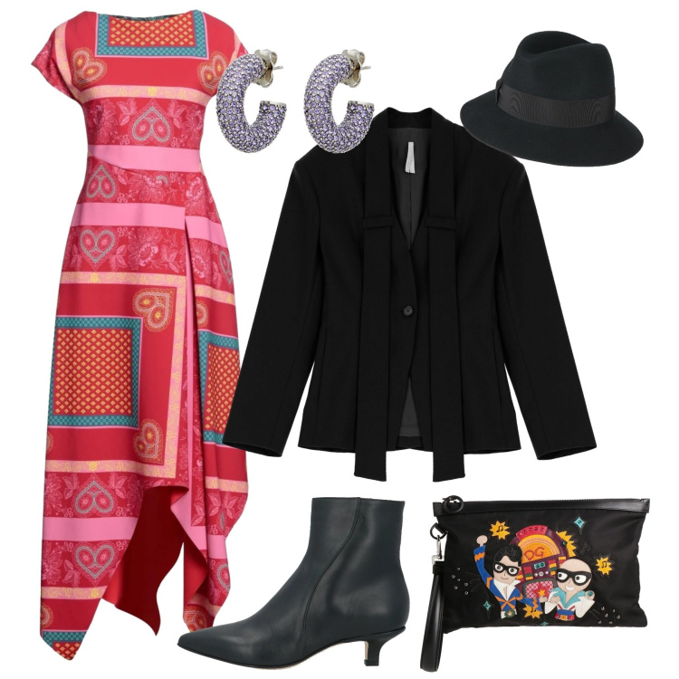 Outfit donna - Color wow!. Stile Glamour per Tutti i giorni. Abbinamento con cappelli, vestiti asimmetrici, orecchini, stivaletti, borse a mano, blazer.