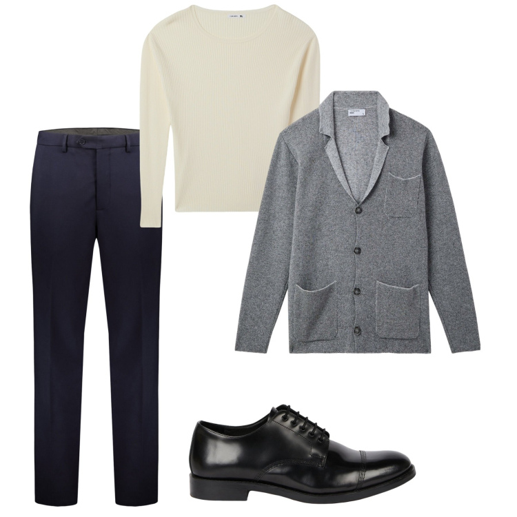 Outfit uomo - Bianco e nero con cardigan grigio. Stile Casual per Ufficio. Abbinamento con giacche, maglieria, scarpe stringate, pantaloni.