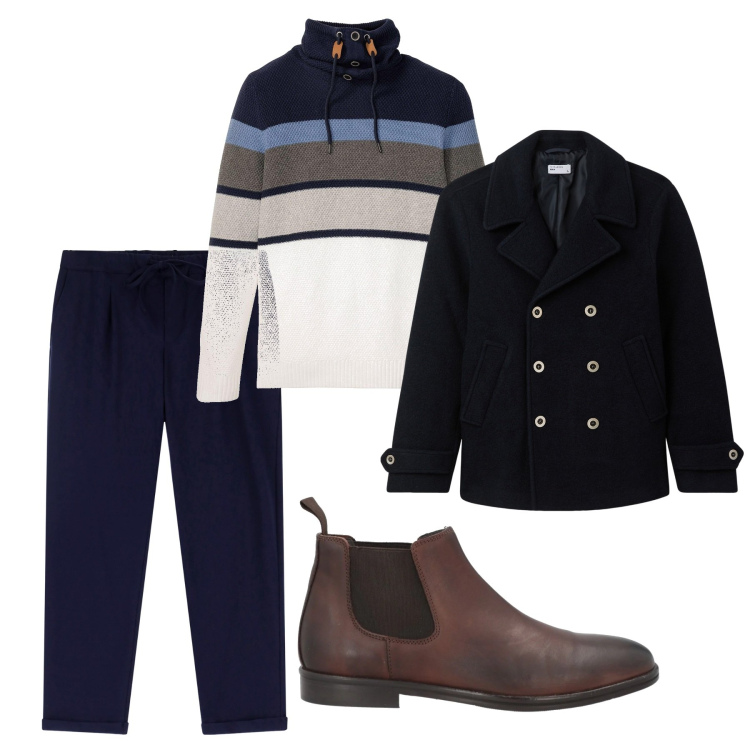 Outfit uomo - Il pea coat blu. Stile Casual per Tutti i giorni. Abbinamento con maglieria, stivali e stivaletti, cappotti, pantaloni.