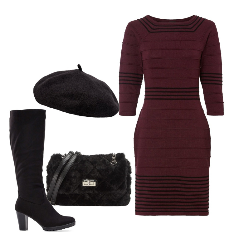 Outfit donna - Tubino in maglia. Stile Bon Ton per Serata fuori. Abbinamento con vestiti, stivali, borse a spalla, cappelli e berretti.