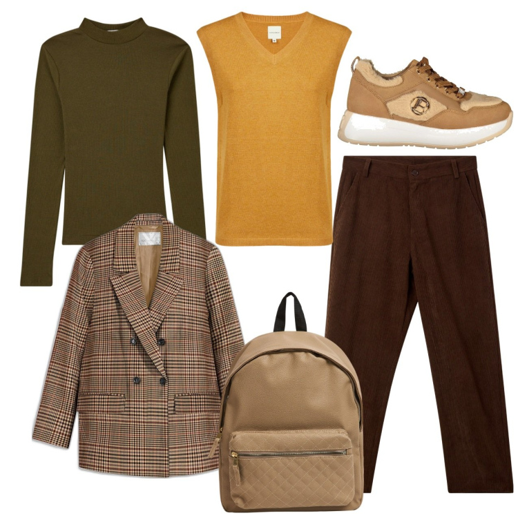 Outfit donna - Sherwood. Stile Casual per Tutti i giorni. Abbinamento con blazer, pantaloni chino, zaini, t-shirt, maglieria, sneakers.