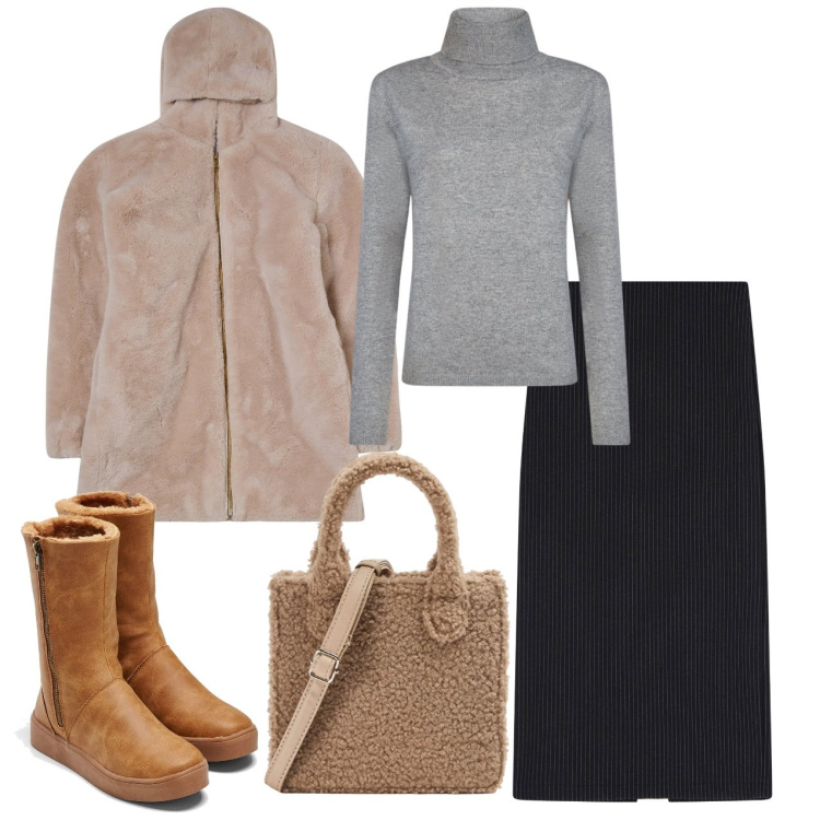 Outfit donna - Teddy. Stile Chic per Tutti i giorni. Abbinamento con stivali, ecopellicce, shopping bag, gonne lunghe, maglieria.
