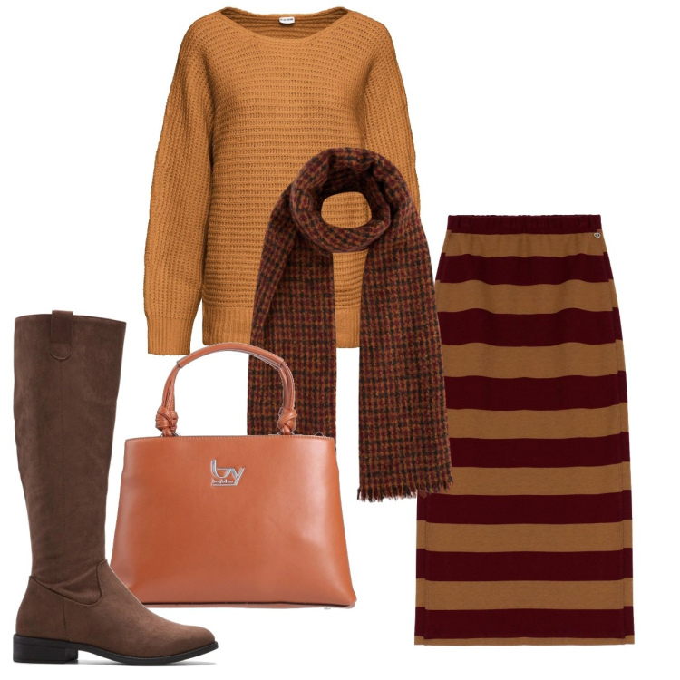 Outfit donna - Righe e quadretti. Stile Urban per Tutti i giorni. Abbinamento con stivali, maglieria, borse a mano, gonne longuette, sciarpe.