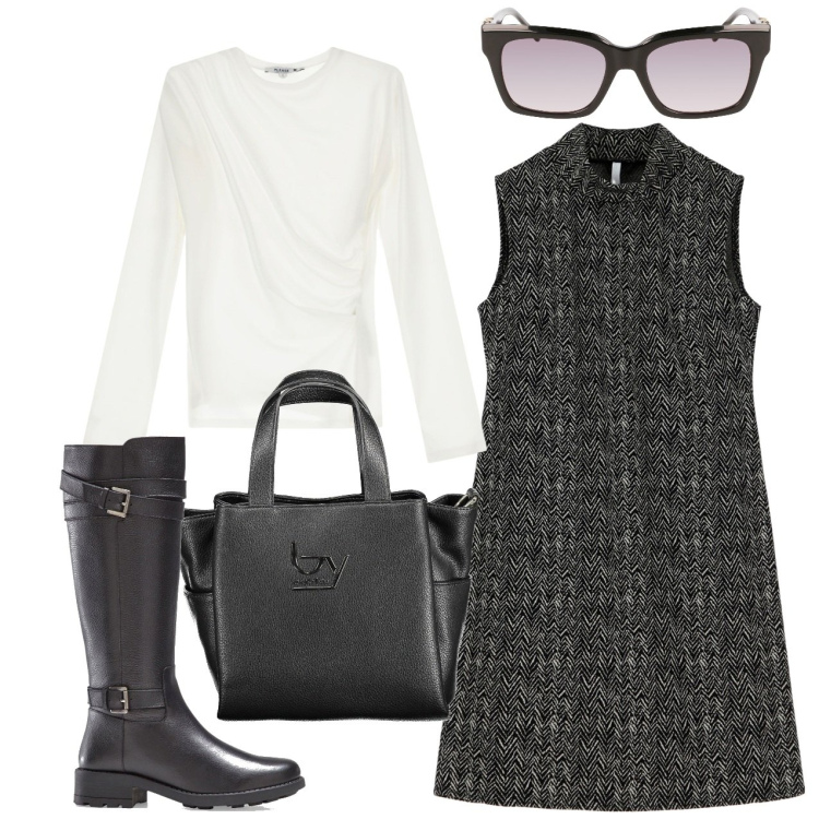 Outfit donna - Scamiciato a triangolo. Stile Bon Ton per Ufficio. Abbinamento con stivali, t-shirt, vestiti corti, borse a spalla, occhiali da sole.