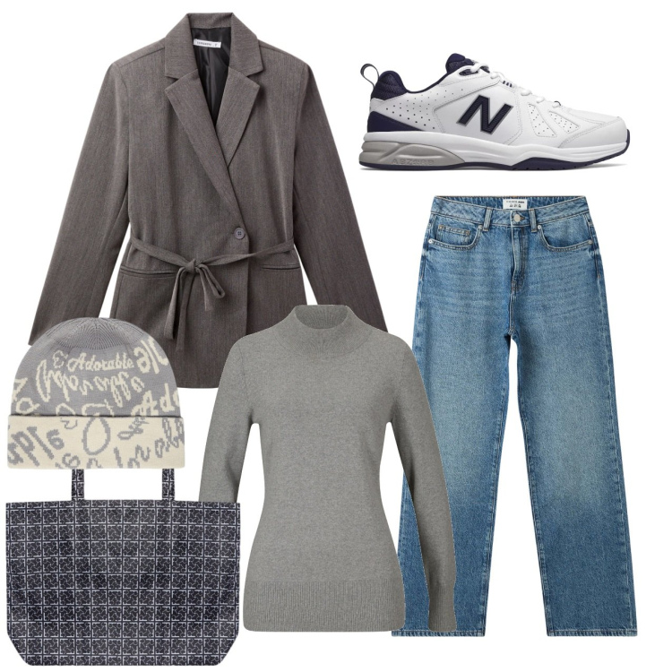 Outfit donna - Comoda per strada. Stile Basic per Tutti i giorni. Abbinamento con maglieria, jeans dritti, blazer, sneakers, shopping bag, cappelli.