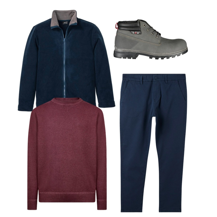 Outfit uomo - Bordeaux e blu. Stile Casual per Tutti i giorni. Abbinamento con giacche, pantaloni chino, maglieria, stivali.