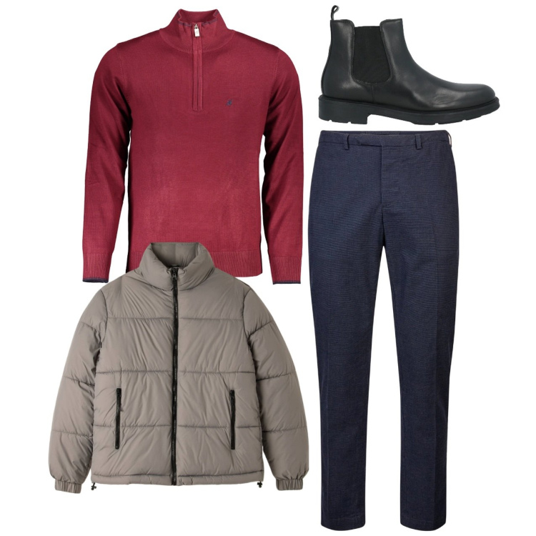 Outfit uomo - Dolcevita con zip. Stile Casual per Ufficio. Abbinamento con stivali e stivaletti, piumini, pantaloni, maglieria.