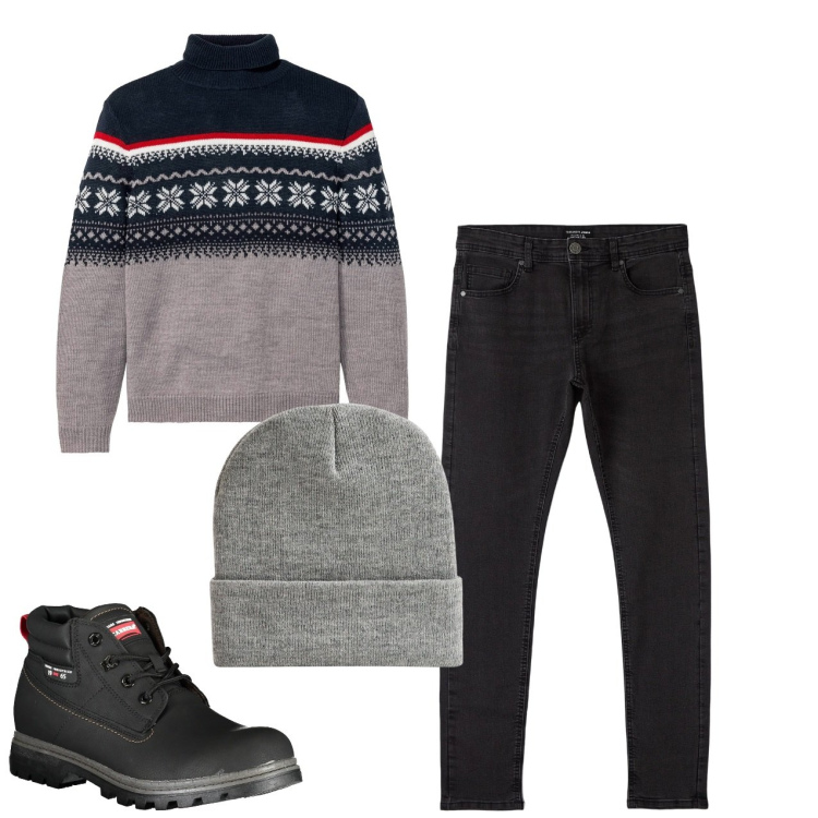 Outfit uomo - Il pullover decorato. Stile Casual per Tutti i giorni. Abbinamento con maglieria, berretti, jeans skinny, stivali.